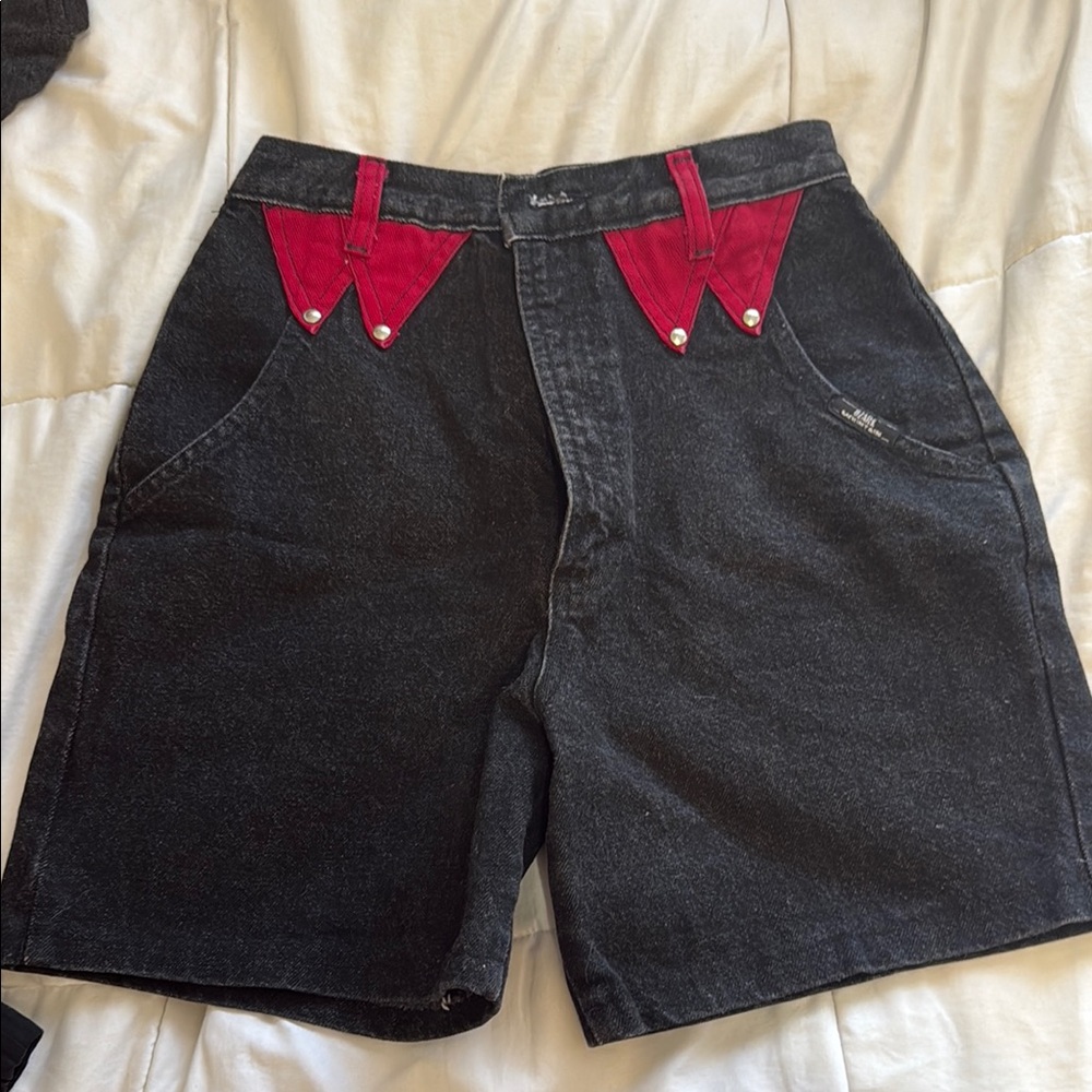 Black Denim Shorts with Red Accents
